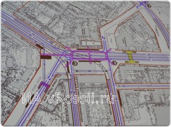 План транспортной развязки на пл. Победы: автомобильные тоннели обозначены пунктиром, пешеходная эстакада — розовым цветом 